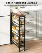 Pipishell Slim Storage Cart with Wheels - 4 Tier Rolling Kitchen Storage Cart with Handle and Wood Top, Metal Slim Bathroom Cart for Laundry Room, Bathroom, Kitchen, Narrow Space, Black & Rustic Brown