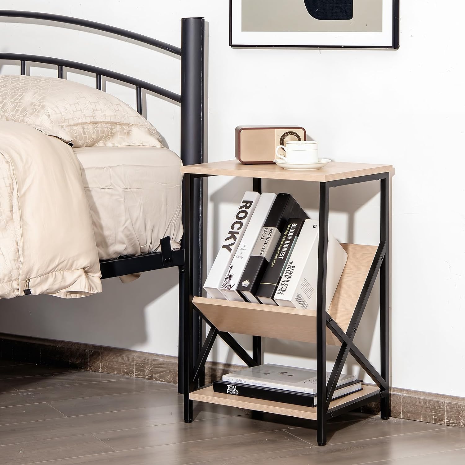 Tangkula Industrial Side Table, 3-Tier Accent End Table with Small Book Record Shelve, Metal Frame, Scratch-Resistant Top, Small Bookcase, Record Player Stand for Living Room, Bedroom (2, Beech)