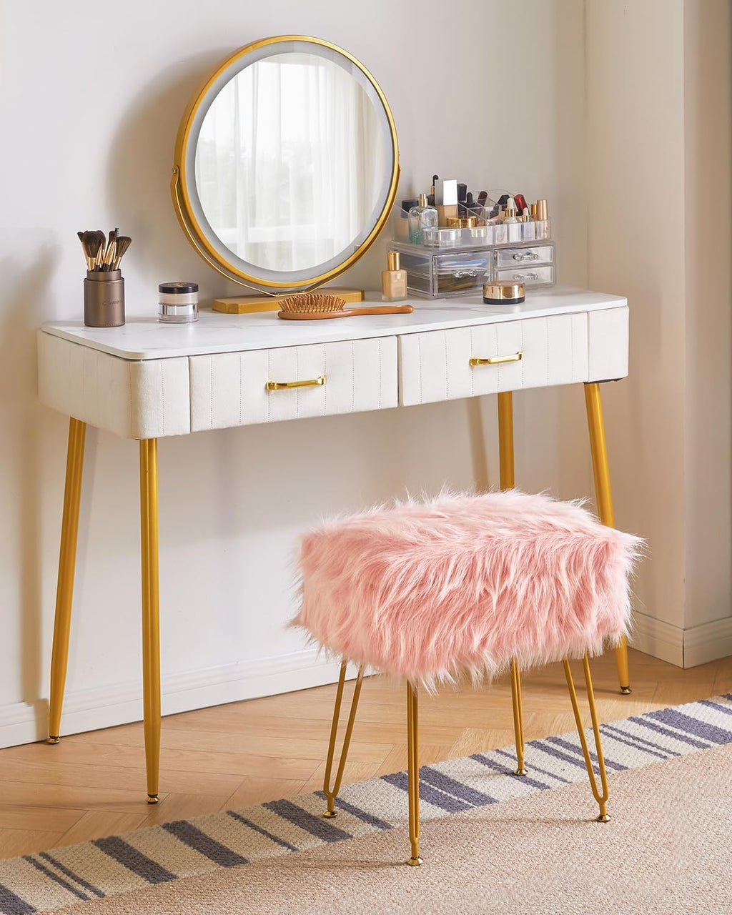IBUYKE Rectangular Faux Fur Vanity Stool with Storage, Pink WBD022P | Furry Makeup Chair Ottoman Soft Padded Seat Round Footrest Footstools 4 Metal Legs Living Room Bedroom Entryway