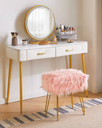 IBUYKE Rectangular Faux Fur Vanity Stool with Storage, Pink WBD022P | Furry Makeup Chair Ottoman Soft Padded Seat Round Footrest Footstools 4 Metal Legs Living Room Bedroom Entryway