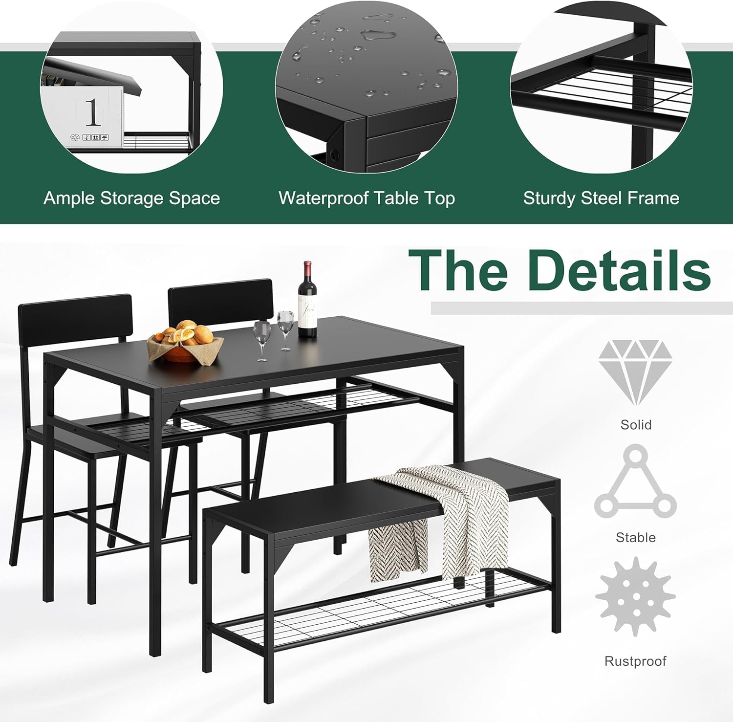 Shintenchi Kitchen Table Chairs Set of 4, Dining Table Set for 4 with Bench and Chairs, 4 Pieces Kitchen Table Set with Storage Rack & Metal Frame for Small Space, Solid Black