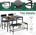 Shintenchi Kitchen Table Chairs Set of 4, Dining Table Set for 4 with Bench and Chairs, 4 Pieces Kitchen Table Set with Storage Rack & Metal Frame for Small Space, Solid Black