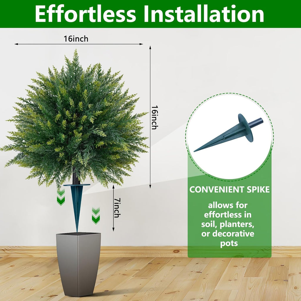 Yangrass 2PCS Artificial Cedar Topiary Ball Trees 23" for Outdoors with Ground Spike, UV Resistant Artificial Cypress Trees, Evergreen Shrubs Bushes Faux Plants for Front Porch Garden Backyard