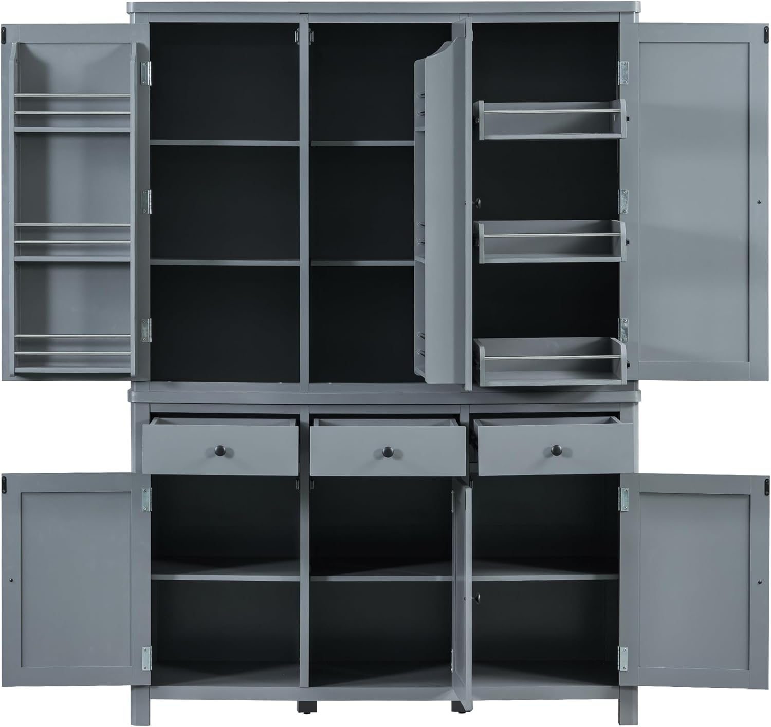 Merax 74.8'' Tall Kitchen Pantry Storage Cabinet with 6 Doors, 3 Drawers and Adjustable Shelves, Freestanding Large Cupboard & Pull-Out Trays for Kitchen, Dining Room, Living Room, Gray