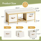 Storage Bench, 43.3" Bamboo Storage Chest with 3 Drawers, Entryway Bench with Cushioned Seat, End of Bed Bench with Storage Toy Box, Toy Chest Storage Bench for Entryway, Living Room, Bedroom