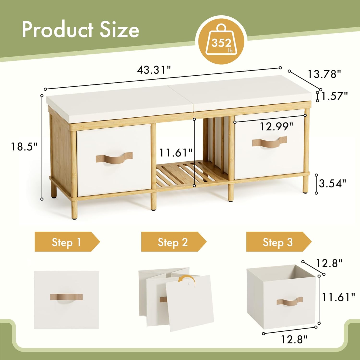 Storage Bench, 43.3" Bamboo Storage Chest with 3 Drawers, Entryway Bench with Cushioned Seat, End of Bed Bench with Storage Toy Box, Toy Chest Storage Bench for Entryway, Living Room, Bedroom