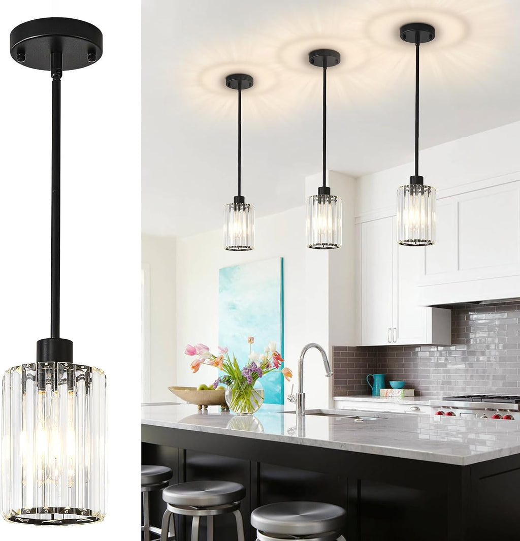 Crystal Pendant Lights Kitchen Island, 3 Pack Black Kitchen Pendant Lighting Over Island, 1-Light Mini Modern Hanging Lights for Kitchen Island, Dining Room, Hallway, Foyer, Entryways