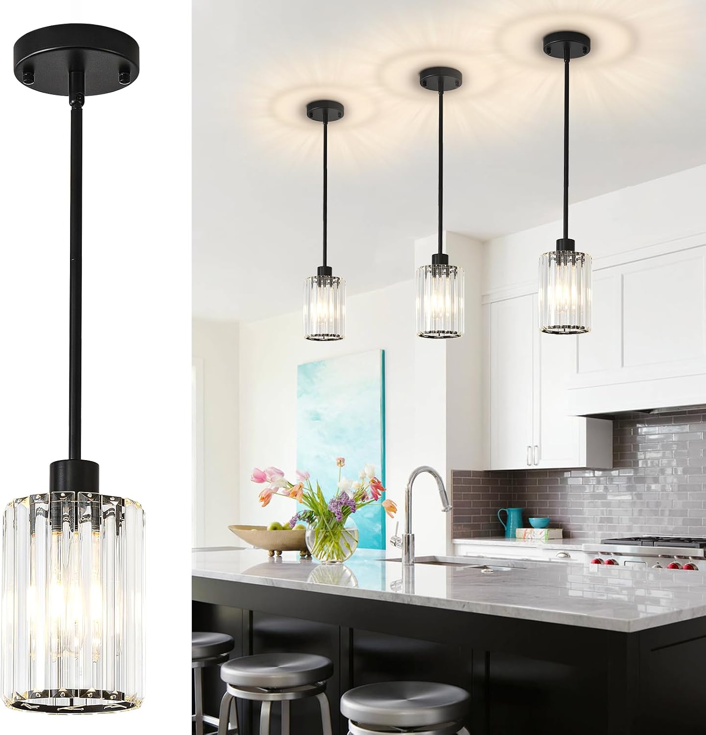 Crystal Pendant Lights Kitchen Island, 3 Pack Black Kitchen Pendant Lighting Over Island, 1-Light Mini Modern Hanging Lights for Kitchen Island, Dining Room, Hallway, Foyer, Entryways