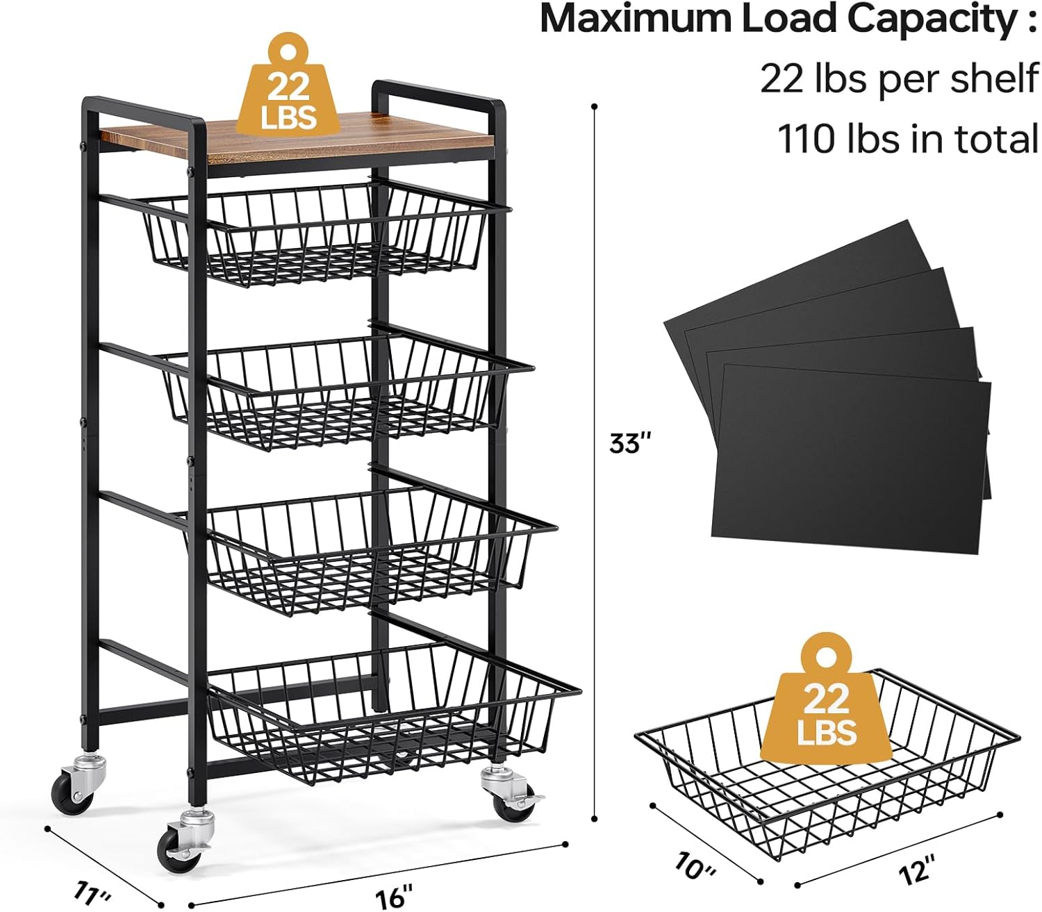 TOOLF 5-Tier Kitchen Storage Cart with Tabletop, Rolling Snack Cart with Lockable Wheels, Fruit Vegetable Basket with 4 Pack Mats, Metal Storage Rack with Pull-Out Pantry Trolley for Organizer
