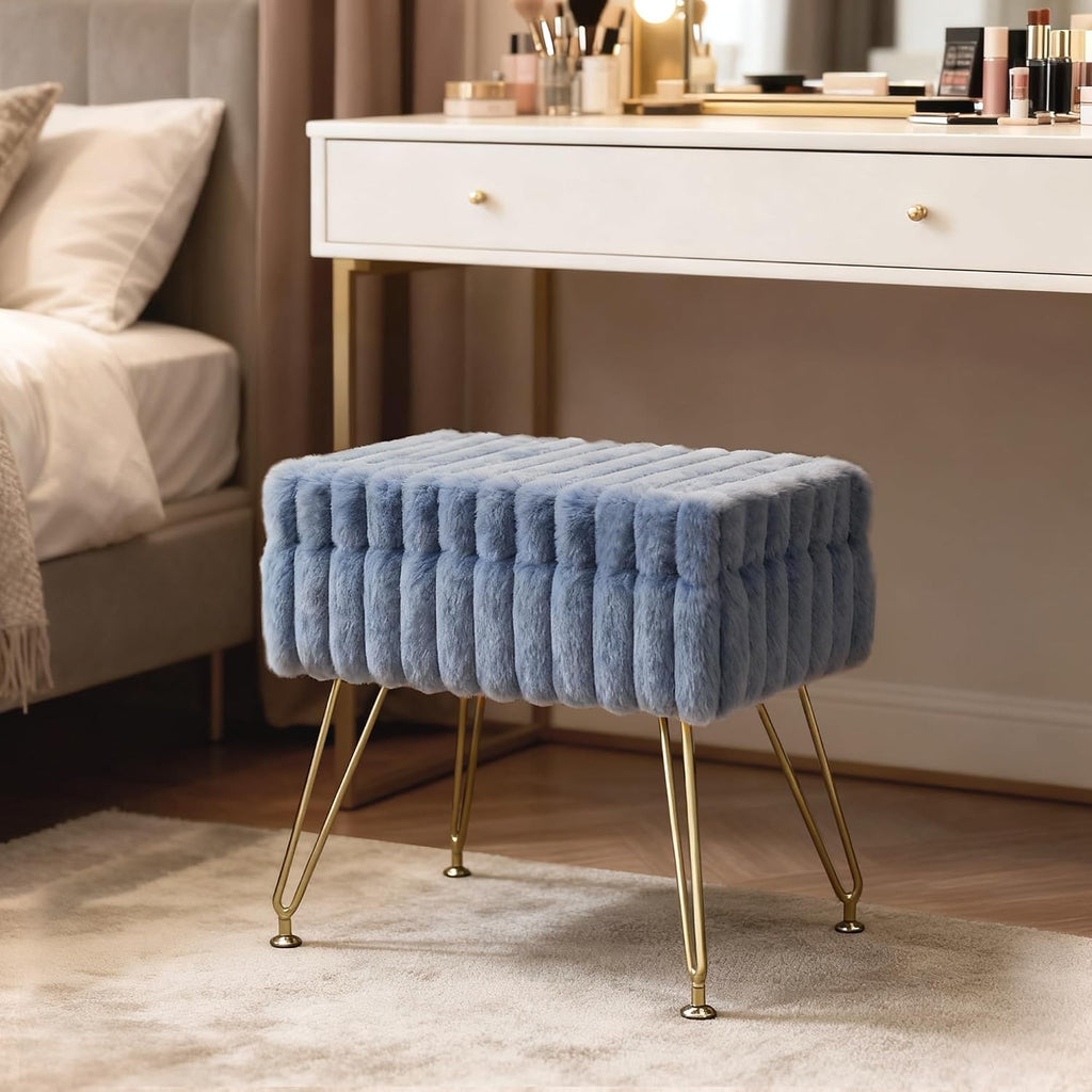 Vanity Stool Chair with Storage, Faux Fur Soft Padded Ottoman with Coffee Table, Modern Vanity Chair Fluffy Footstool with Metal Legs for Makeup, Living Room,Bedroom Blue