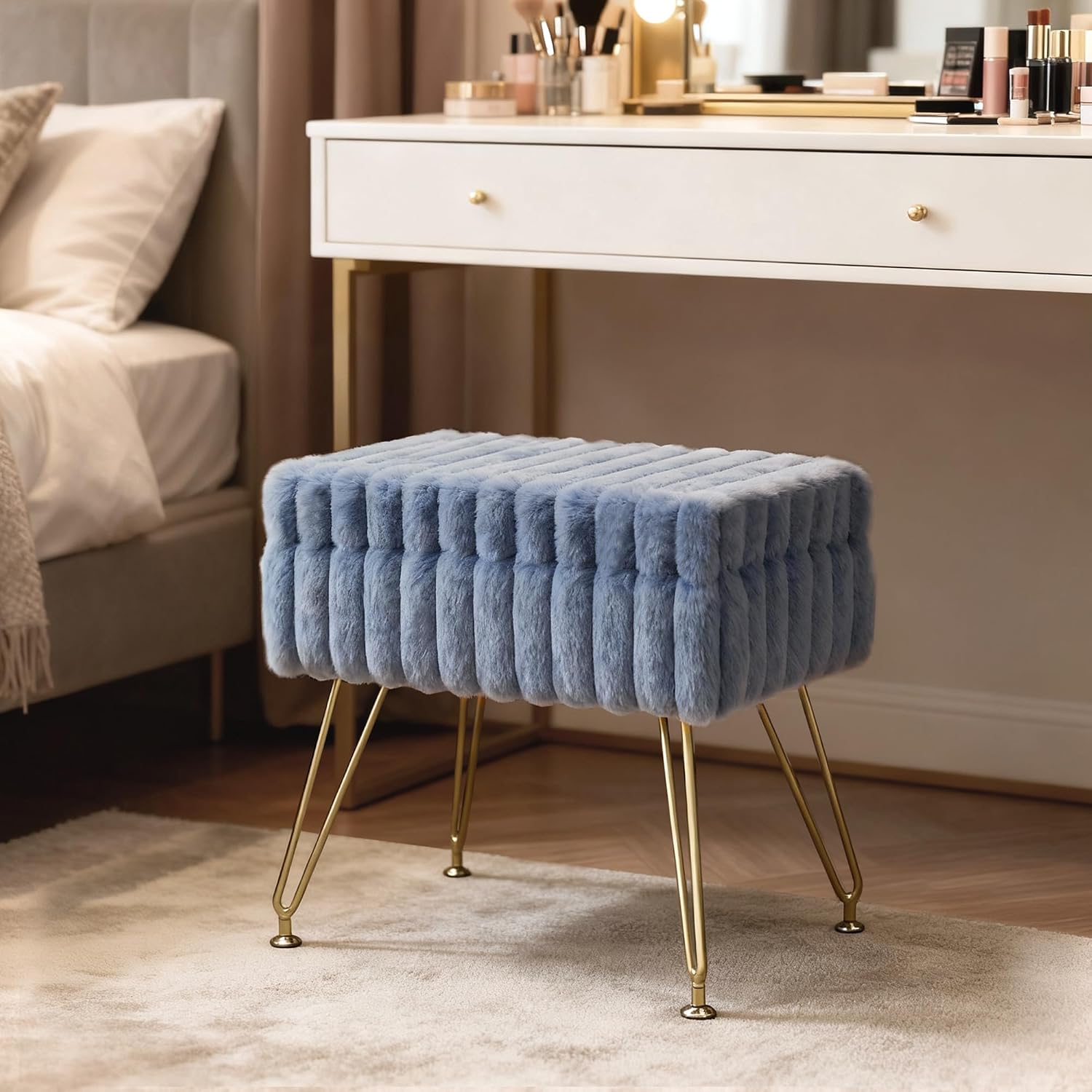 Vanity Stool Chair with Storage, Faux Fur Soft Padded Ottoman with Coffee Table, Modern Vanity Chair Fluffy Footstool with Metal Legs for Makeup, Living Room,Bedroom Blue