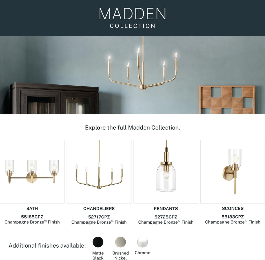 Kichler Madden 1-Light Mini Pendant Light Fixture with Clear Glass Shade in Champagne Bronze, Sloped Ceiling Compatible for Kitchen Island Hanging Lighting (15" x 7 "), 52725CPZ