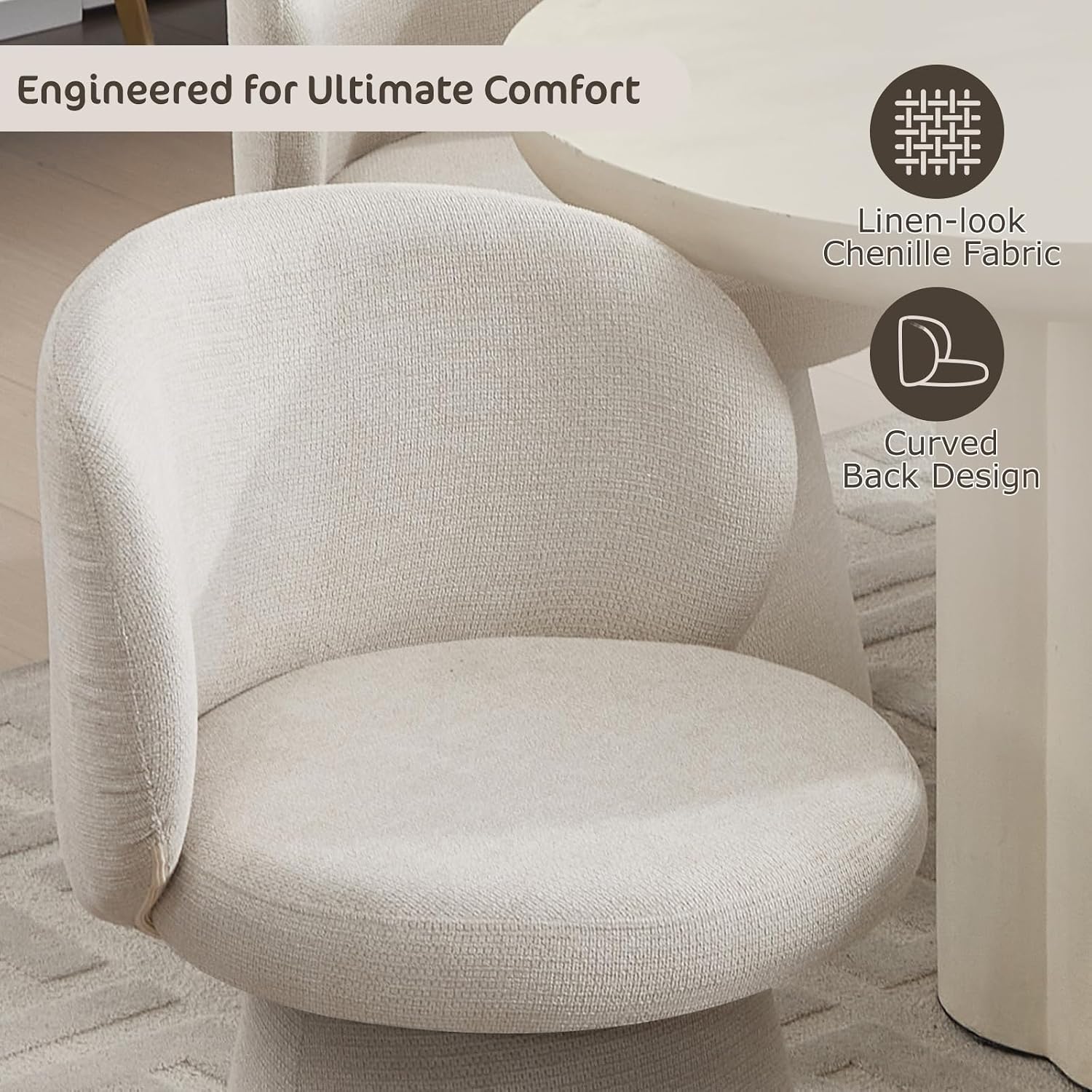 Swivel Dining Chair Set of 1, Modern Chenille Upholstered Boucle Swivel Barrel Chair, Comfy Fabric Accent Side Chairs for Kitchen Dining Living Vanity Room Bedroom, Beige