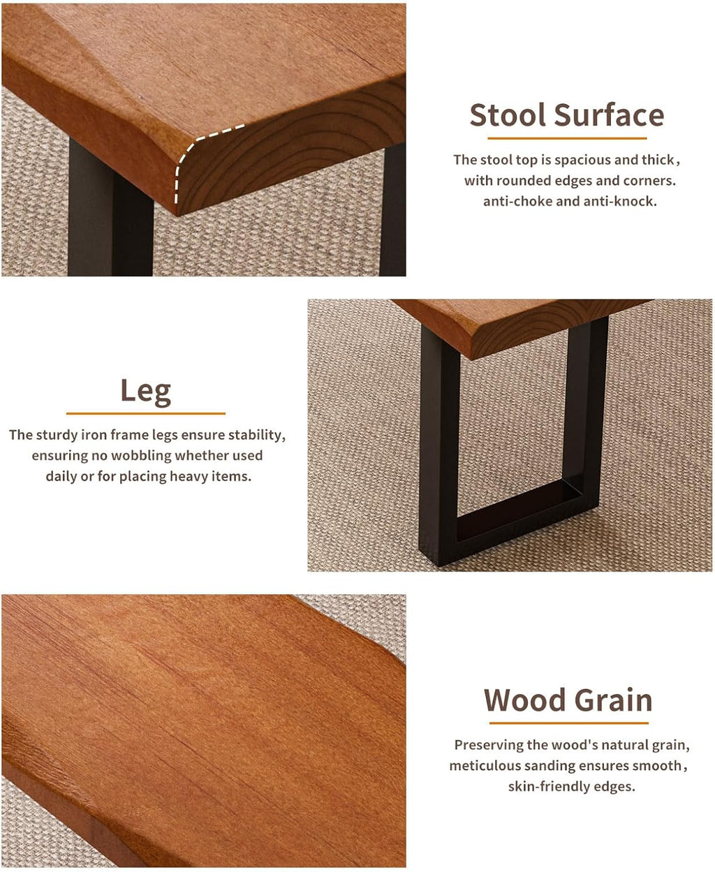 Modern Rustic Solid Wood Bench with Black Metal Legs, Industrial Farmhouse Style, Natural Wood Finish