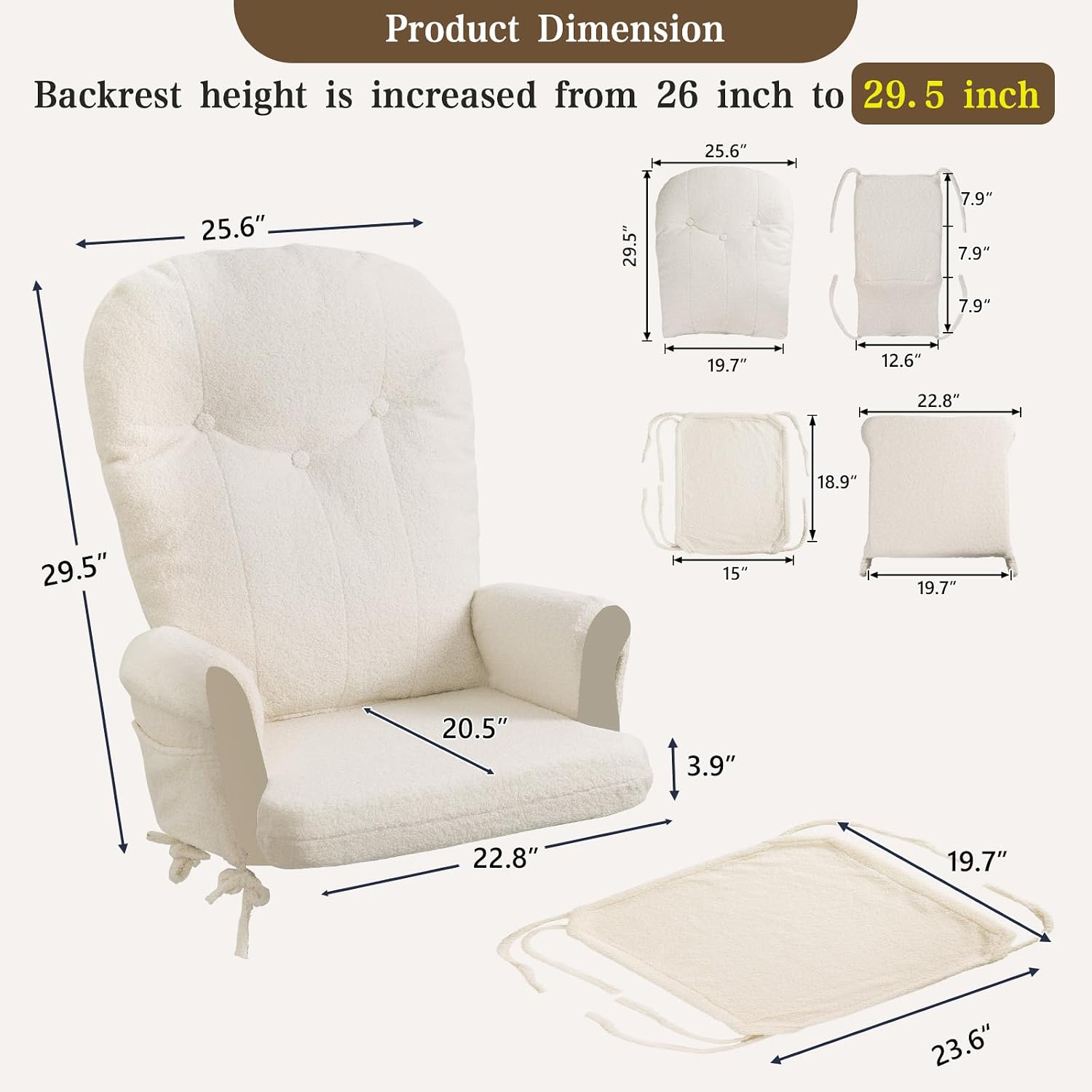 ANMINY 5pcs Glider Rocker Replacement Cushions Set with Ottoman Cover, 3.5Inch Thickened Fleece Glider Rocking Chair Cushions with 29.5Inch Tufted Backrest & Side Pockets for Indoor Nursery, Beige
