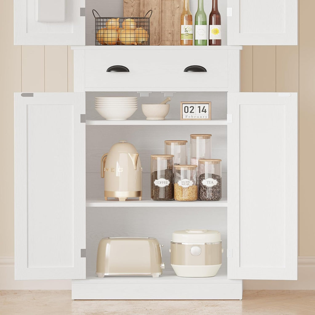 IRONCK Kitchen Pantry Storage Cabinet 72.6" H x 24" W, with Barn Doors, Drawer, 4 Adjustable Shelves, Freestanding Cupboard, Laundry, White