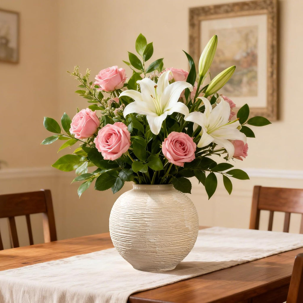 Rustic Farmhouse Vase Home Decor - 6 in Ceramic Boho Decorative Vase for Decor, Round Clay Whitewashed Terracotta Bowl vase for Living Room, Table, Shelf, Centerpieces