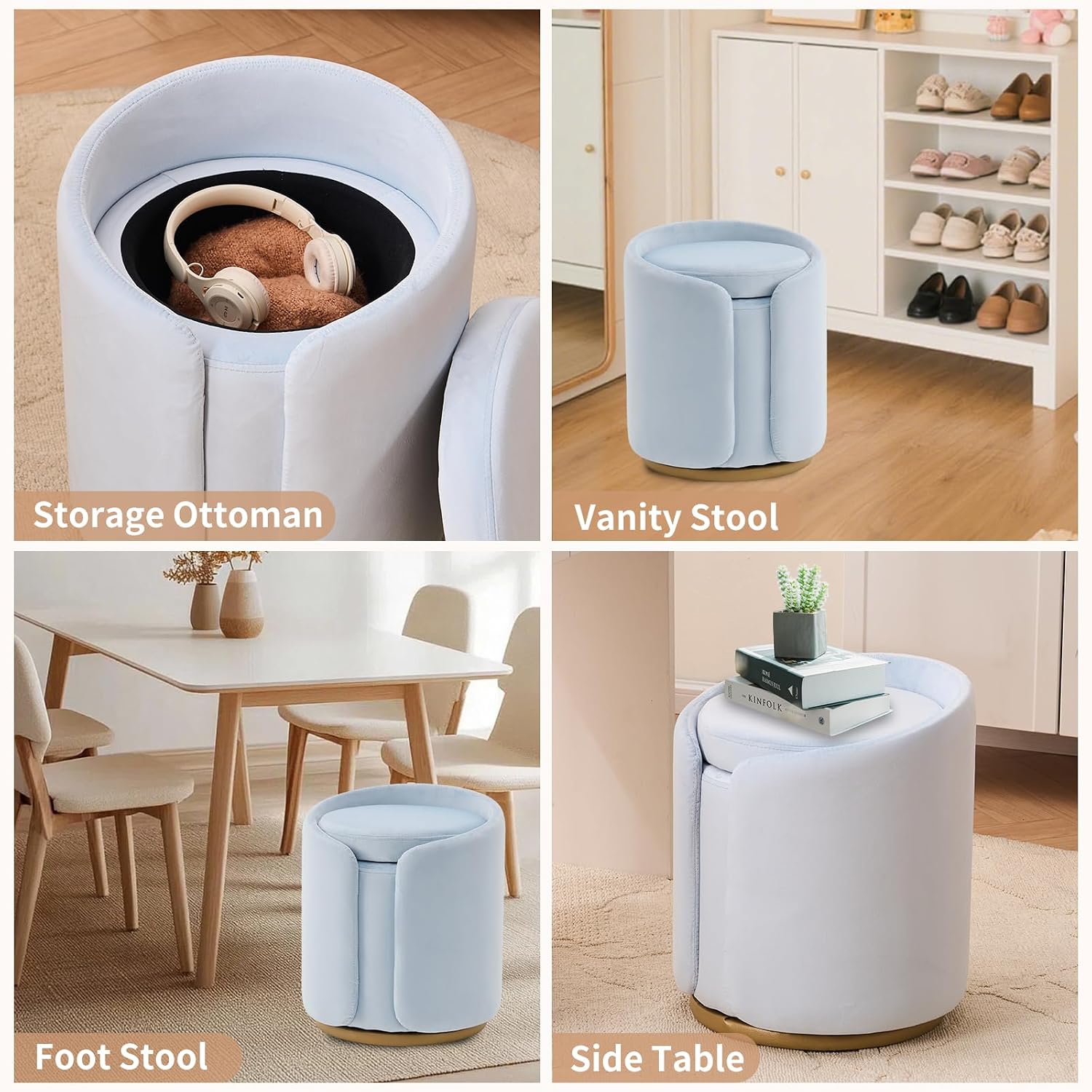 Vanity Chair with Storage, Round Velvet Vanity Stool No Wheels, Swivel Ottoman Chair with Upholstered for Women, Makeup Chair Accent Stool with Back for Bedroom & Dorm, Gold Base, Light Blue