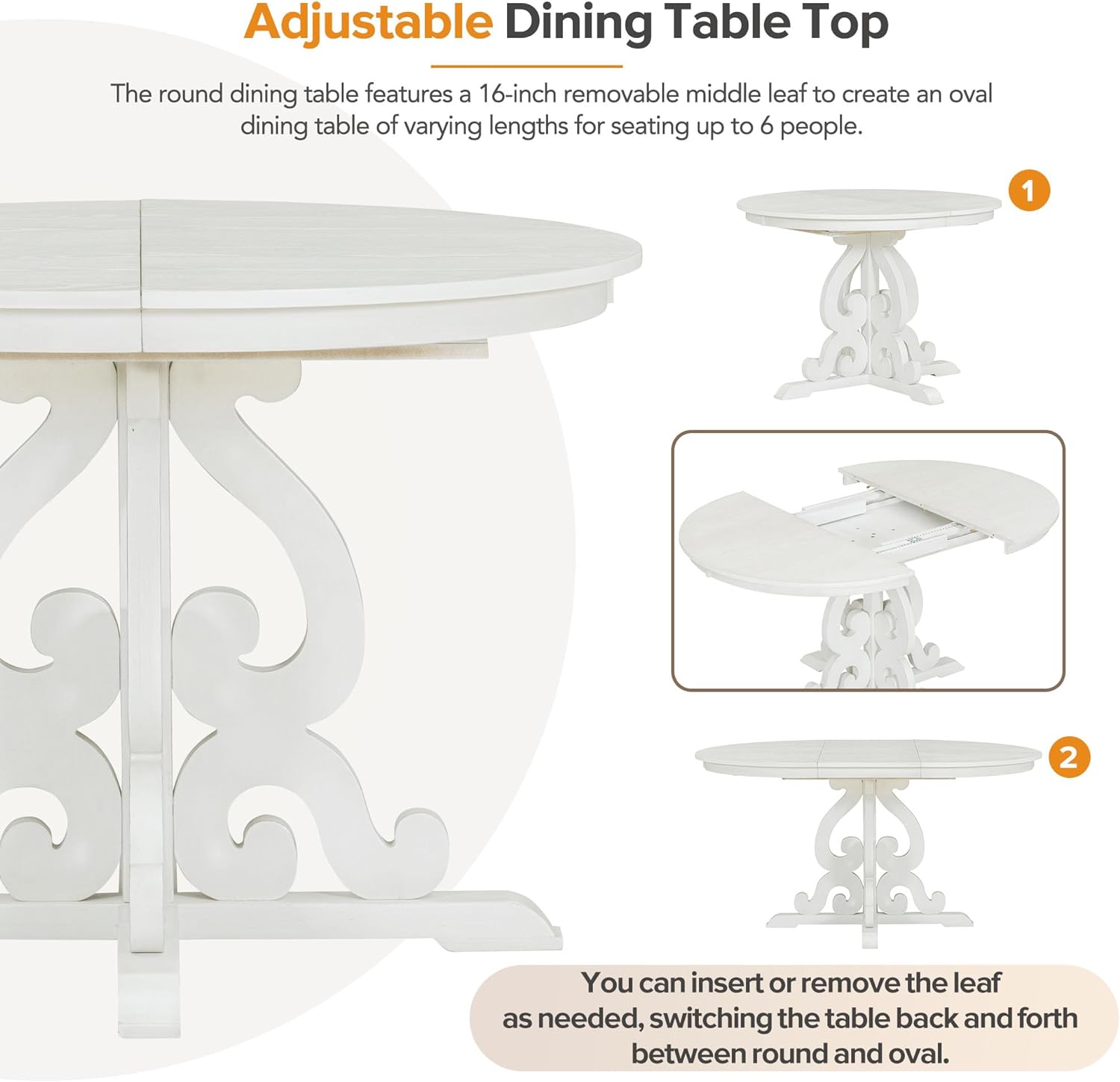 Merax Extendable Round Dining Table Set for 4-6, Farmhouse Kitchen Table Set with 4 Upholstered Chairs and Removable Leaf for Kitchen, Dining Room, Small Space, Antique White