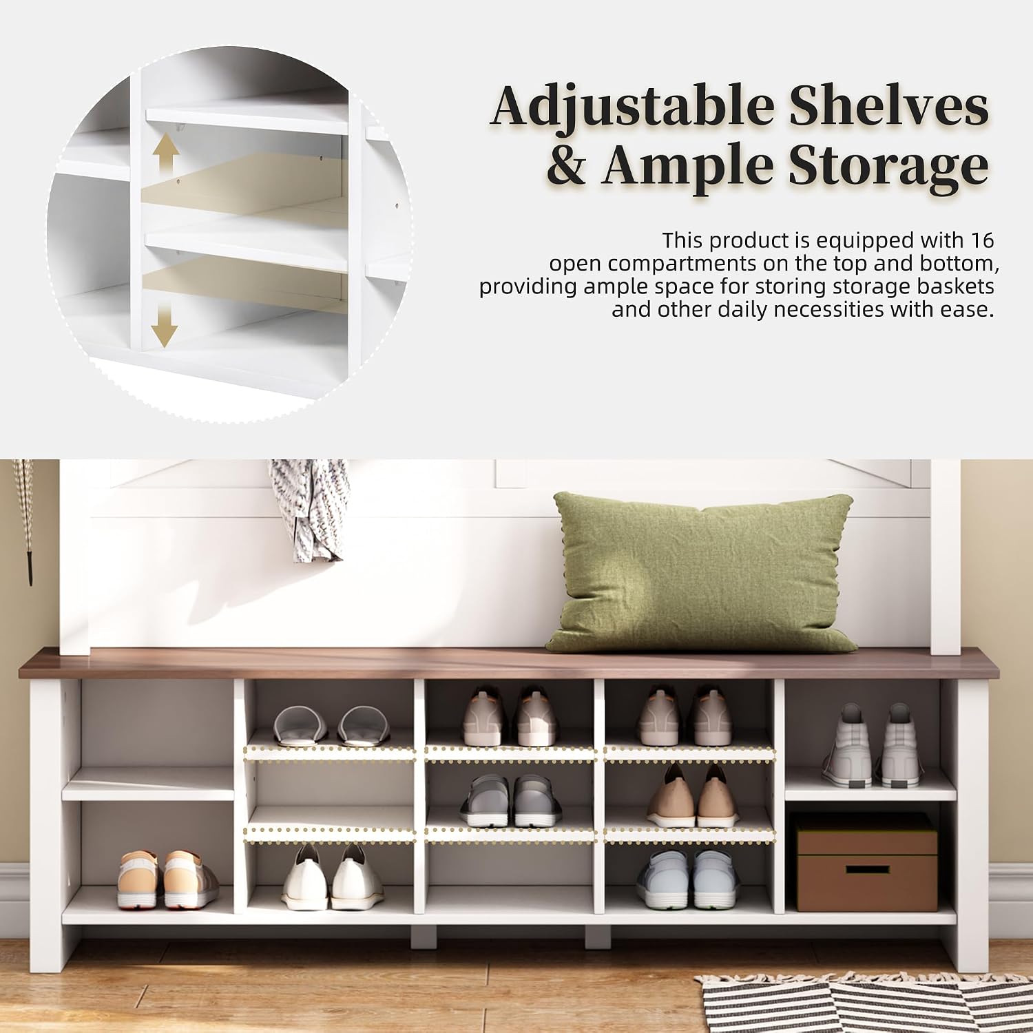 Merax Farmhouse Wood Hall Tree with 6 Hooks and Entryway Shoe Bench, 4-in-1 Coat Rack with 16 Open Compartments & Adjustable Shelves, for Entrance, Hallway, Mudroom, White