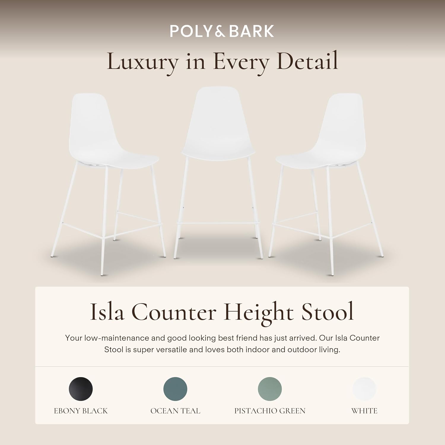 Poly & BARK Isla Bar Stools Set of 3 – Counter Height Bar Stool for Kitchen – Set of Counter Stools – Indoor/Outdoor Barstools – Modern Kitchen Bar Stools - White
