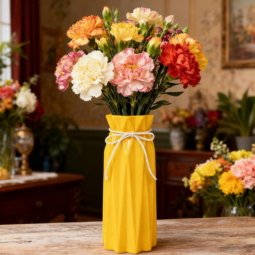 Disoza Ceramic Vase for Home Decor Yellow Modern Flower Vase for Pampas Grass Dried Flowers 9.5" H x 3.9" W Vases for Living Room Decorations Porcelain Tulip Vases for Table Kitchen Decor