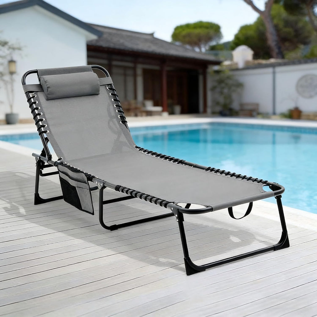 Gray Lounge Chairs for Outside, Folding Beach Lounger with Carrying Handle and Side Pocket, 5-Position Adjustable Sun Tanning Chair Removable Pillow for Pool, Beach, Patio, Lawn