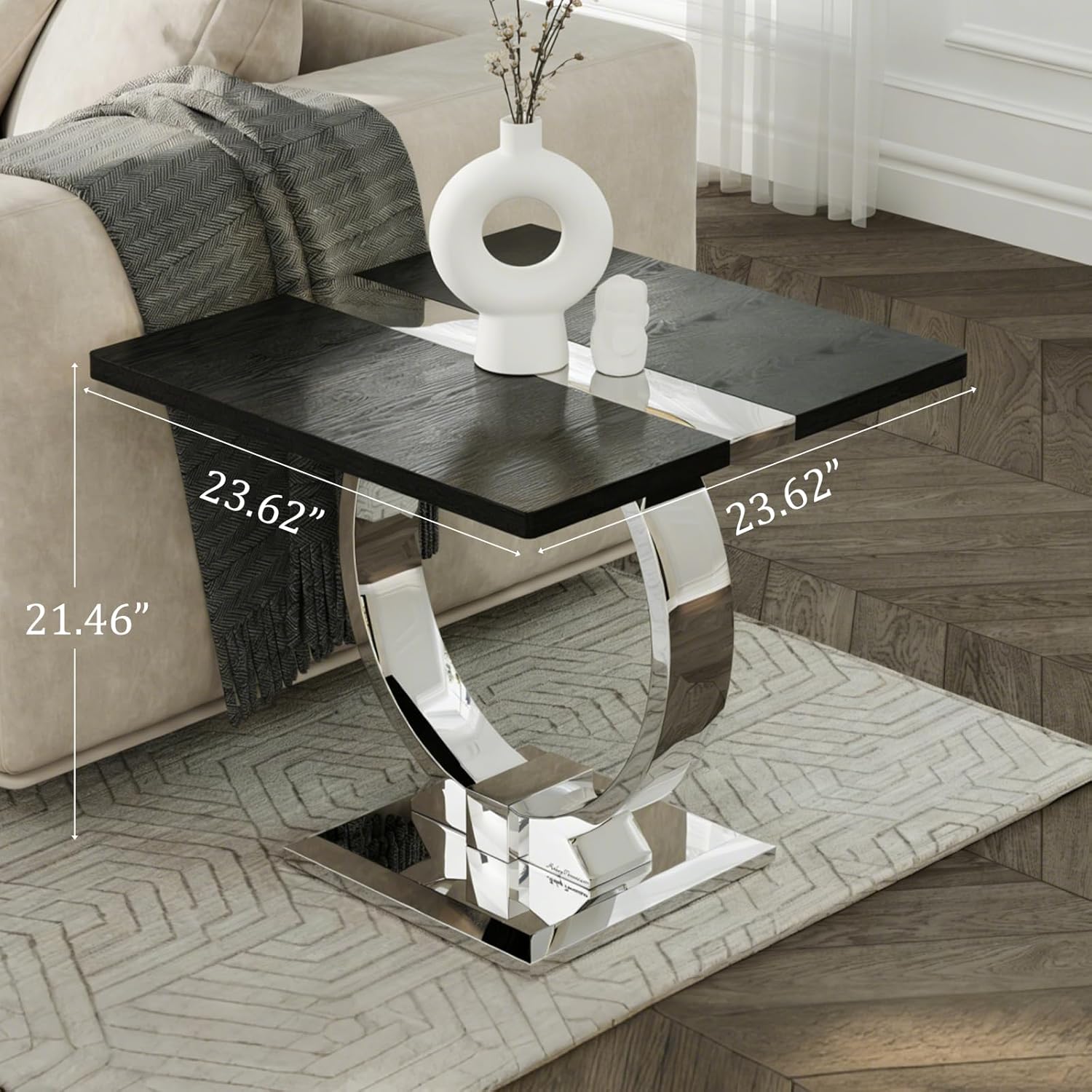 Asday Black End Table, Modern Wood Side Table, Silver End Table with U-Shaped Stainless Steel Base
