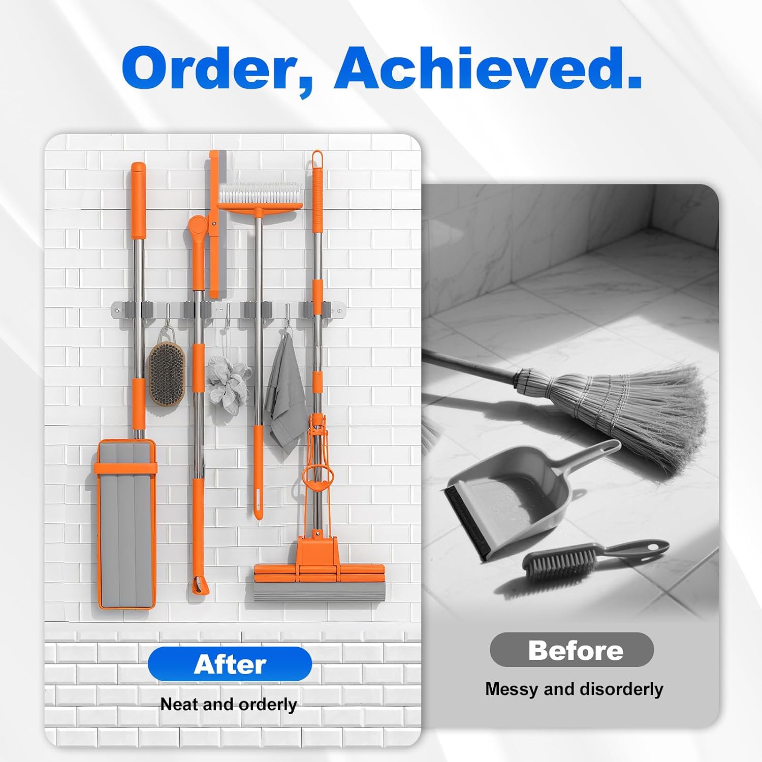 2 Pack Broom Mop Holder Wall Mount, Broom Organizer Mop Hanger Storage Tool Utility Racks Stainless Steel Mop Holder Solid for Home Kitchen Garden Laundry Garage (2, 4 Racks 3 Hooks)