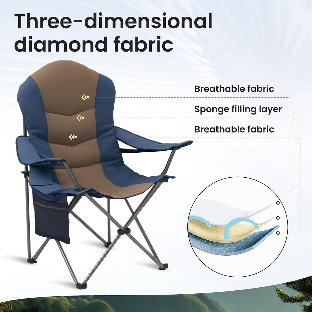 2 Pack Folding Camping Chairs for Adults - High Back Padded Outdoor Lawn Chairs with Lumbar Support & Cup Holder, 400lbs Heavy Duty Portable Camping Chairs Set (Blue & Brown, 2 PCS)