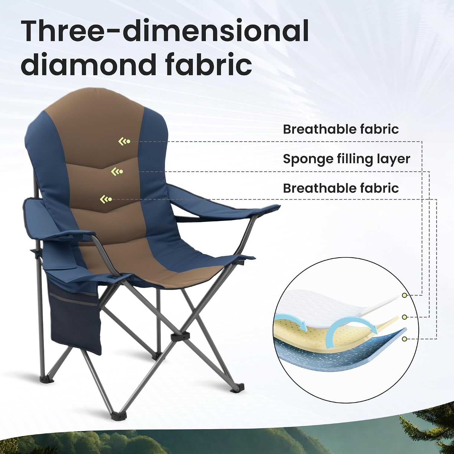 2 Pack Folding Camping Chairs for Adults - High Back Padded Outdoor Lawn Chairs with Lumbar Support & Cup Holder, 400lbs Heavy Duty Portable Camping Chairs Set (Blue & Brown, 2 PCS)