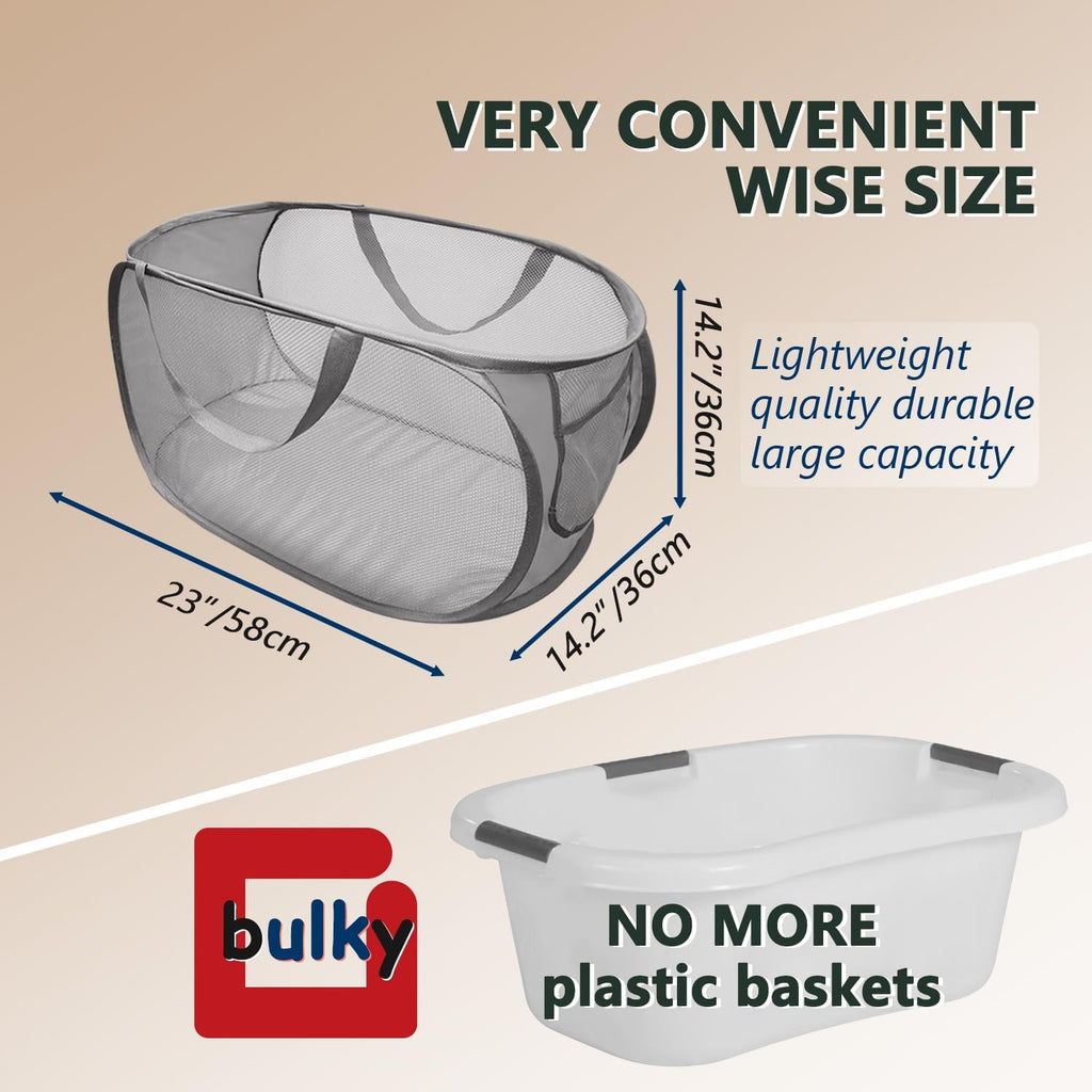 Pop Up Laundry Hamper,Collapsible Horizontal Baskets with Handles & Side Pocket,Foldable Sturdy mesh for Laundry Room,Bathroom,Kids Room,College Dorm or Travel (Double Grey)
