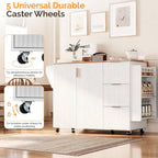 VINGLI Fluted Kitchen Cart with 3 Draws and 2 Doors, White | Drop-leaf Tabletop, Adjuestable Shelves, Towel Bar, 3-tier Side Storage Rack, 360° Rolling Design