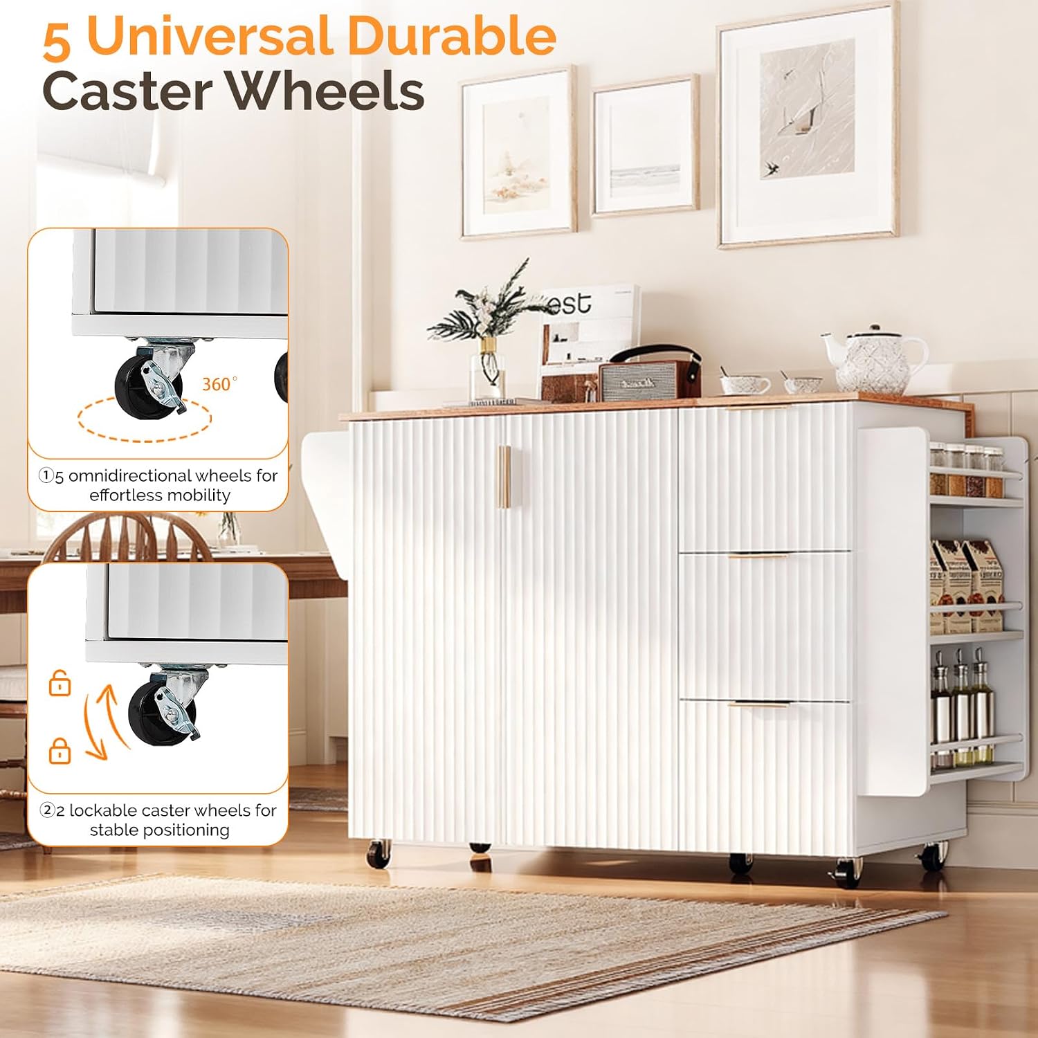 VINGLI Fluted Kitchen Cart with 3 Draws and 2 Doors, White | Drop-leaf Tabletop, Adjuestable Shelves, Towel Bar, 3-tier Side Storage Rack, 360° Rolling Design