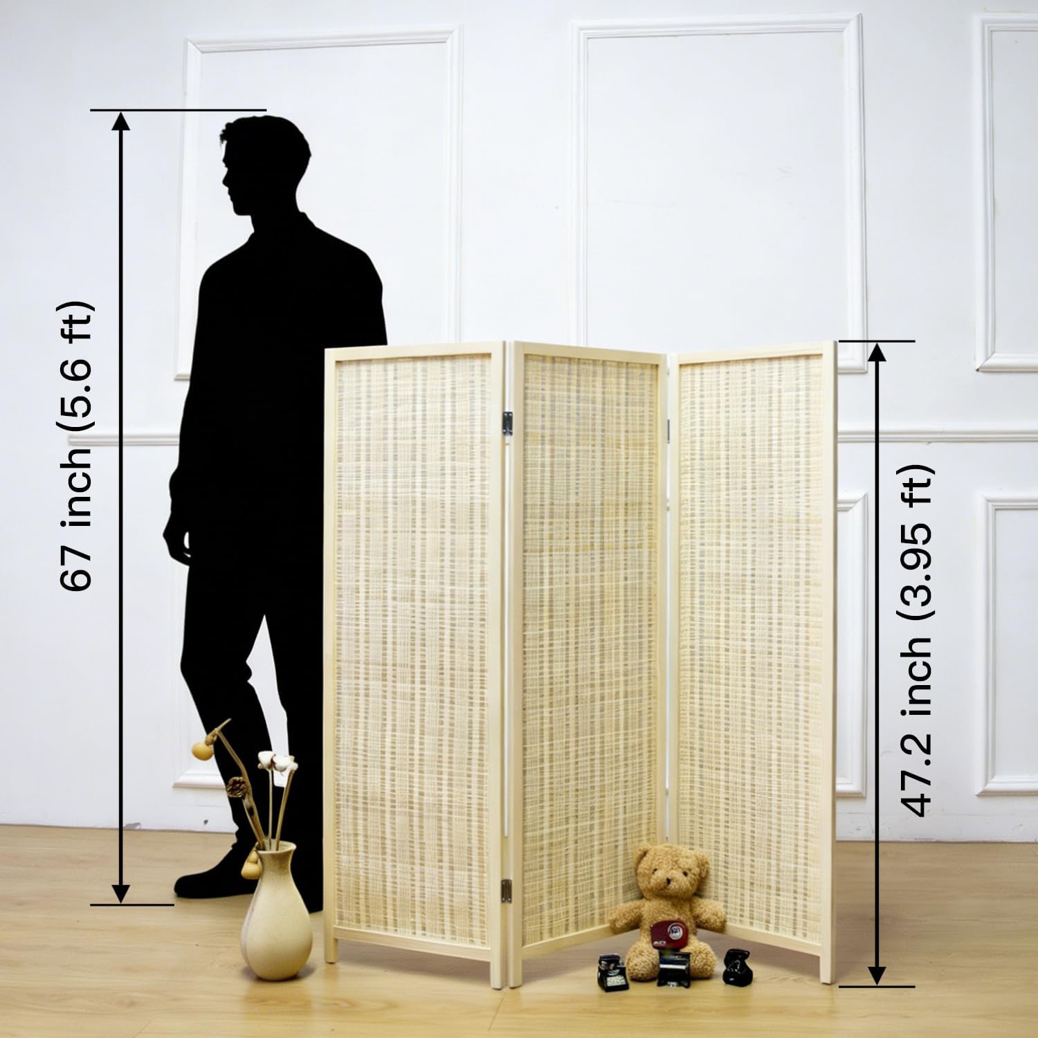 Furnnylane 3 Panel Short Room Divider Screen,Beige Freestanding Partition,Small Bamboo Panel Divider for Room Seperation,3.95 FT Tall