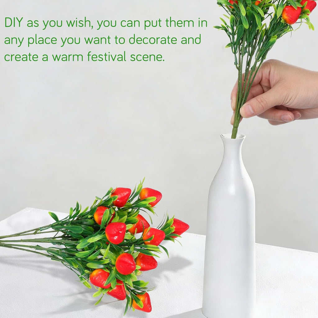 Veemoon 6 Pcs Artificial Strawberry Stems, 10.61 Inch Fake Red Berry Branches Plastic Fruit Picks, Faux Plants Floral Arrangement Centerpieces for Home Kitchen Vase Wreaths Summer Party Decor