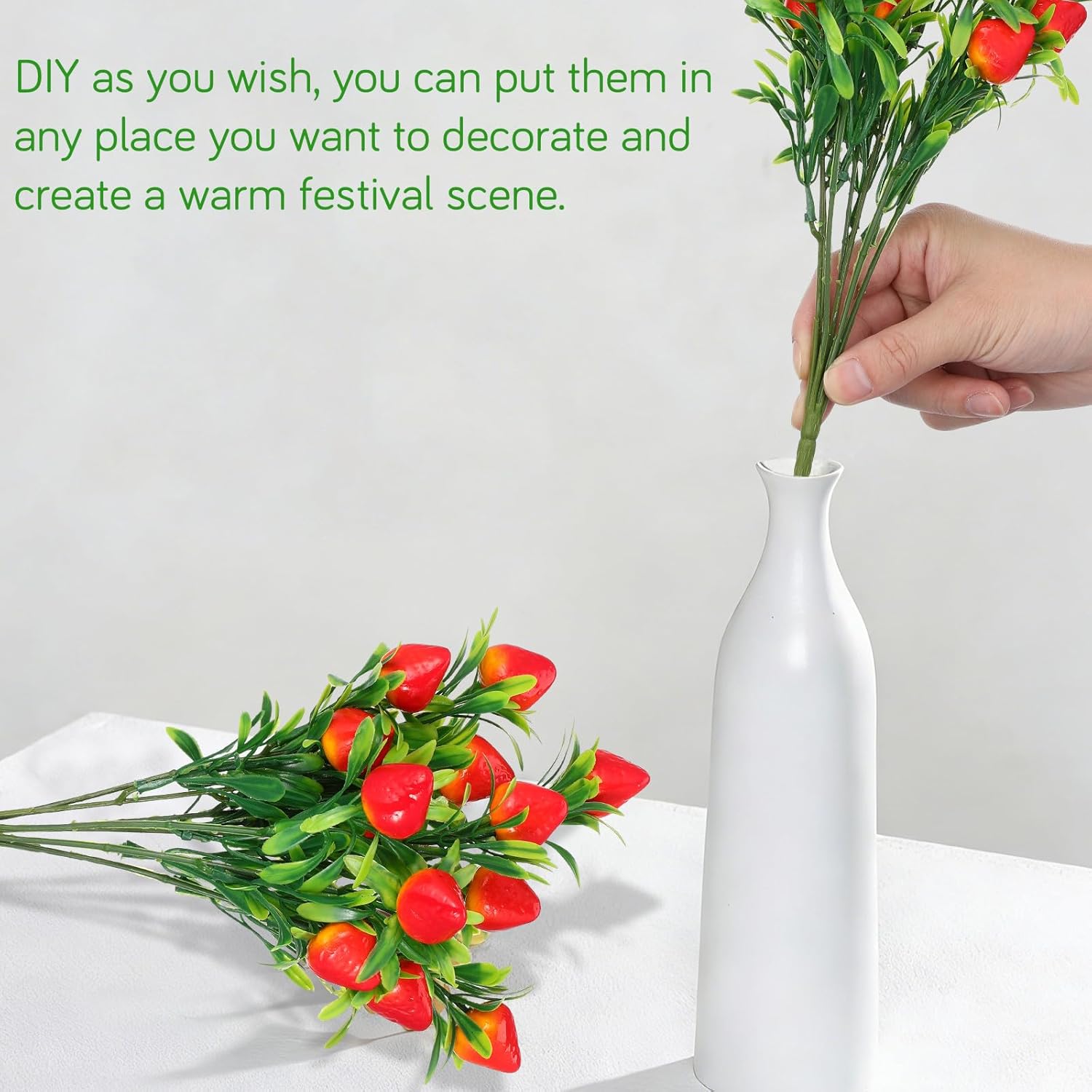 Veemoon 6 Pcs Artificial Strawberry Stems, 10.61 Inch Fake Red Berry Branches Plastic Fruit Picks, Faux Plants Floral Arrangement Centerpieces for Home Kitchen Vase Wreaths Summer Party Decor