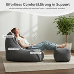 Bean Bag Chair with Ottoman for Adults, Large Corduroy Bean Bag Couch, Boneless Chaise Lounge Reading Chair with High-Resilience Foam, Floor Lounger for Bedroom Living Room (Grey)