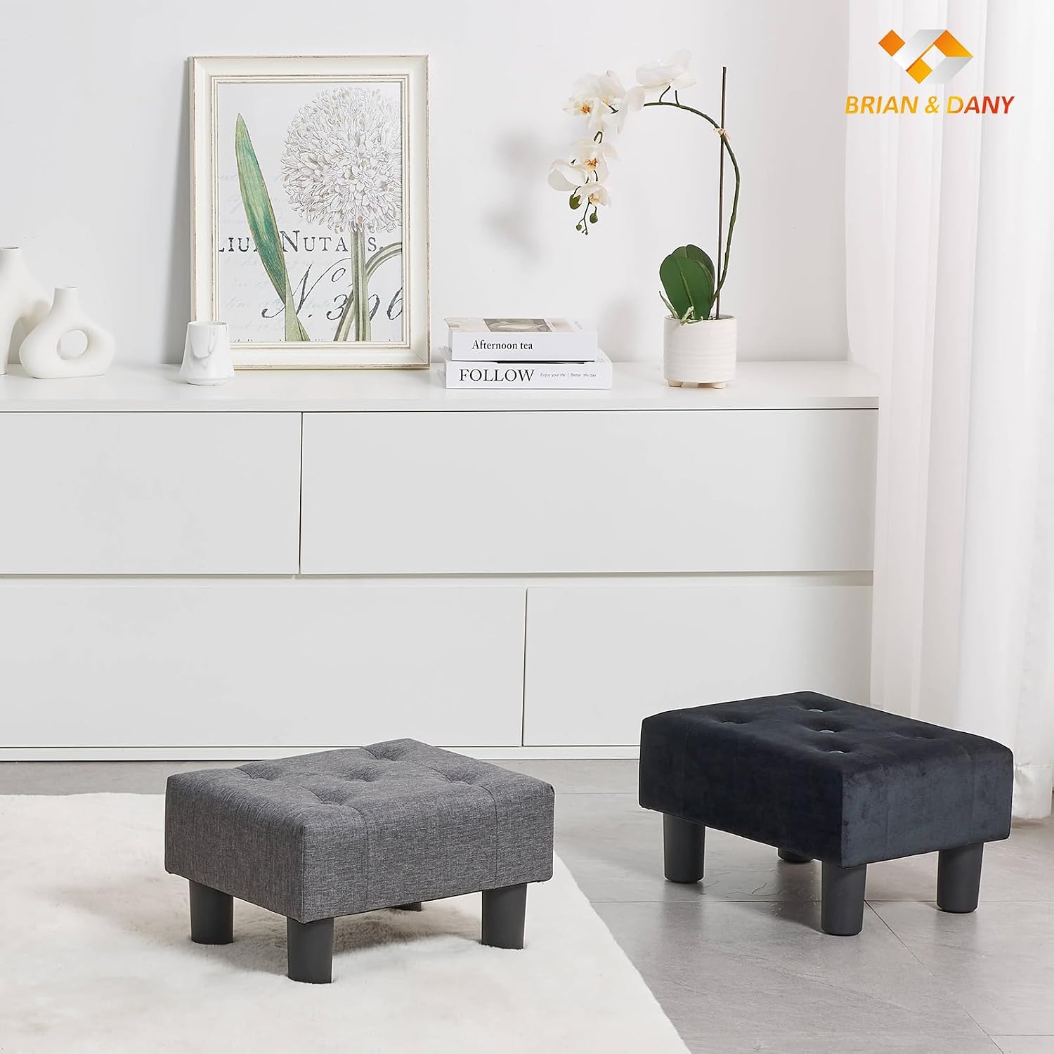 BRIAN & DANY Small Foot Stool, Linen Foot Stools with Legs, Stable Small Footstool for Living Room, Grey