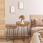 Oakrain Rattan Side Table, Nesting Tables, Set of 2, Bamboo Coffee with Metal Base for Living Room, Sofa, Bedroom, Terrace (18.11''&20.47'')