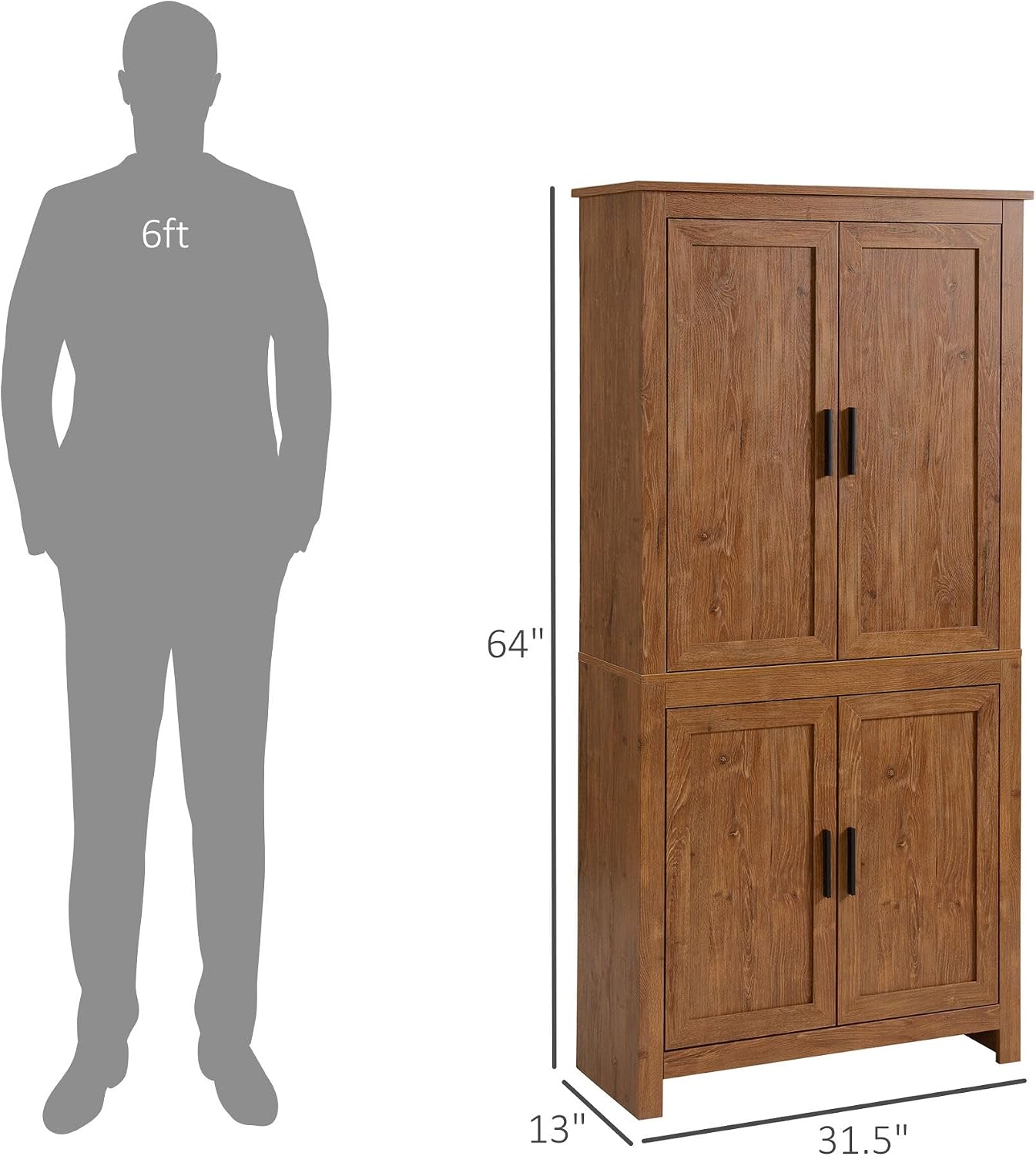 64in Tall Freestanding 4-Door Kitchen Storage Pantry Cabinet with 5-Tier Interior Shelves 3 Adjustable 88lb Maximum Capacity Oak Finish