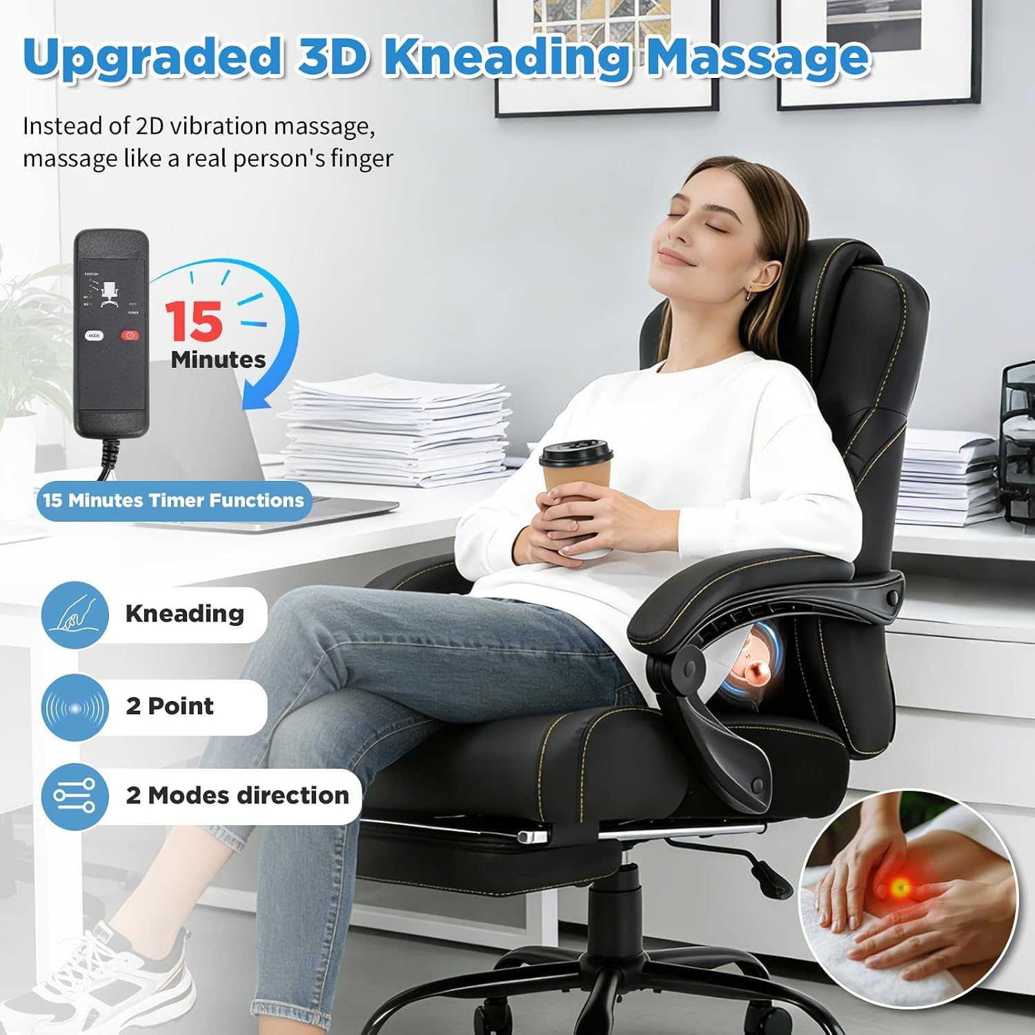3D Kneading Massage Office Chair, 500lbs Big and Tall Ergonomic Reclining Office Desk Chair with Foot Leg Rest,Black