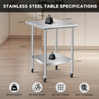Stainless Steel Table with Wheels, 24 x 24 Inch Stainless Table for Prep & Work, Commercial NSF Steel Metal Table for Restaurant Kitchen Hotel Garage