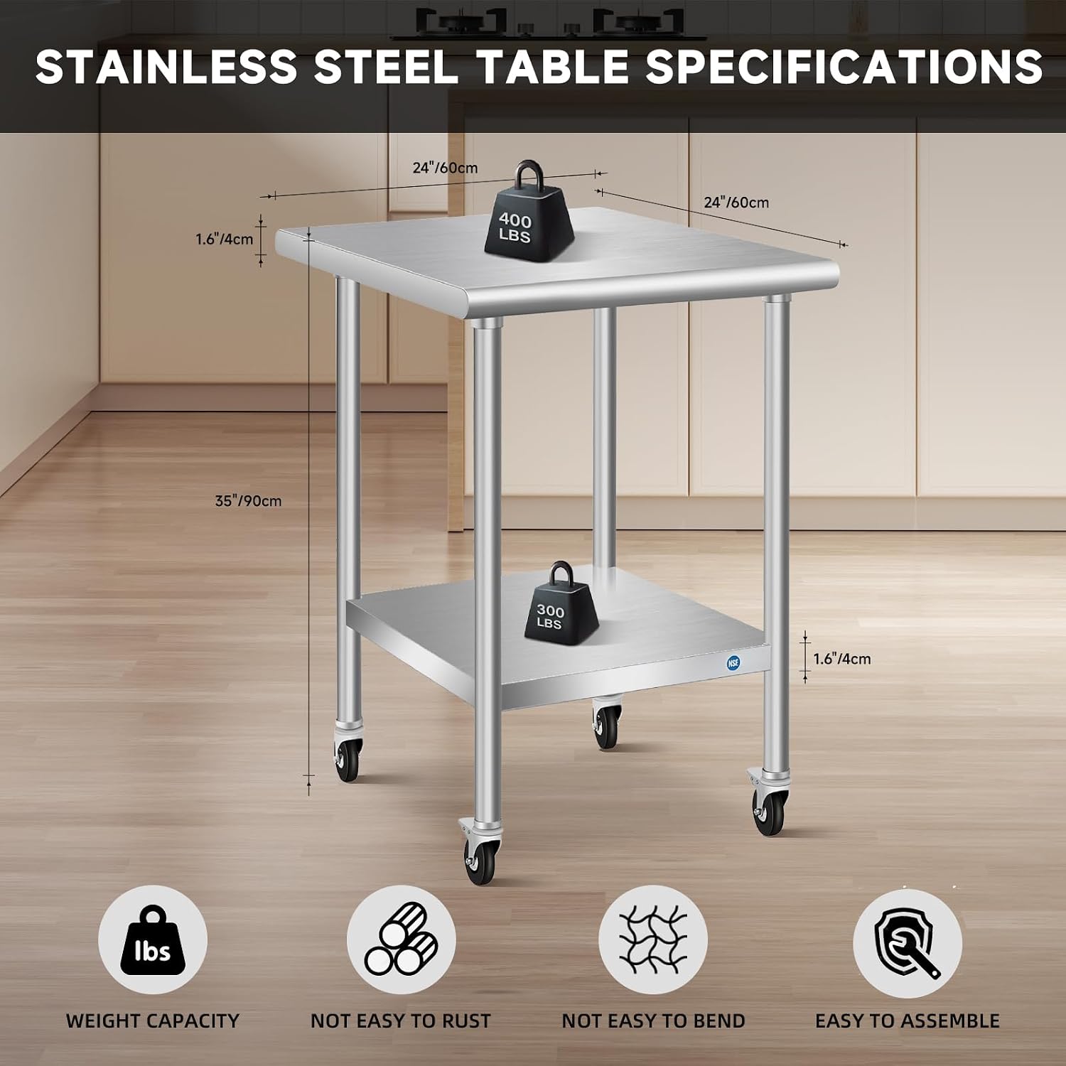 Stainless Steel Table with Wheels, 24 x 24 Inch Stainless Table for Prep & Work, Commercial NSF Steel Metal Table for Restaurant Kitchen Hotel Garage