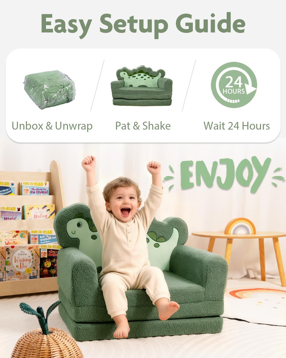 TinyPalsa Kids Couch, 2-in-1 Fold Out Sofa with Portable Handle, Comfy Lounger for up to 49" Tall, Green Dinosaur