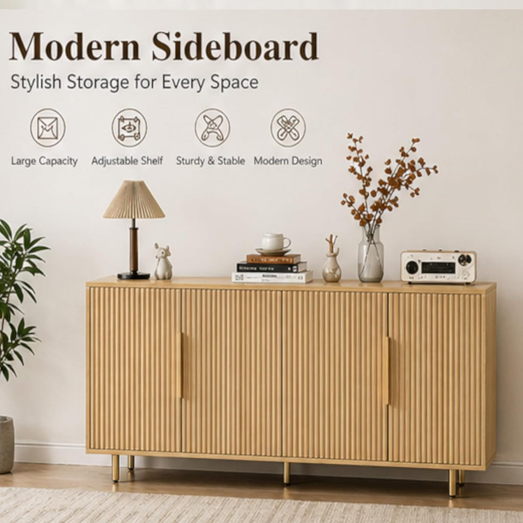 USHOWER 56" Sideboard Buffet Cabinet with Storage - 4 Fluted Doors & Adjustable Shelves, Modern Wood Credenza with Metal Legs for Living Room, Dining Room, Kitchen, Entryway, Large Countertop Space