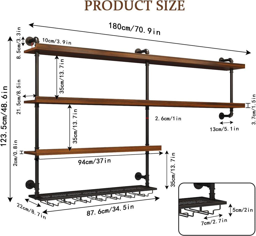 70.9in Large Wine Rack with LED Light, 4 Tiers Solid Wood Wall Mounted Wine Rack, Industrial Liquor Bottles Floating Shelves with Glass Holder for Home Bar/Dining Room (70.9in/180cm)