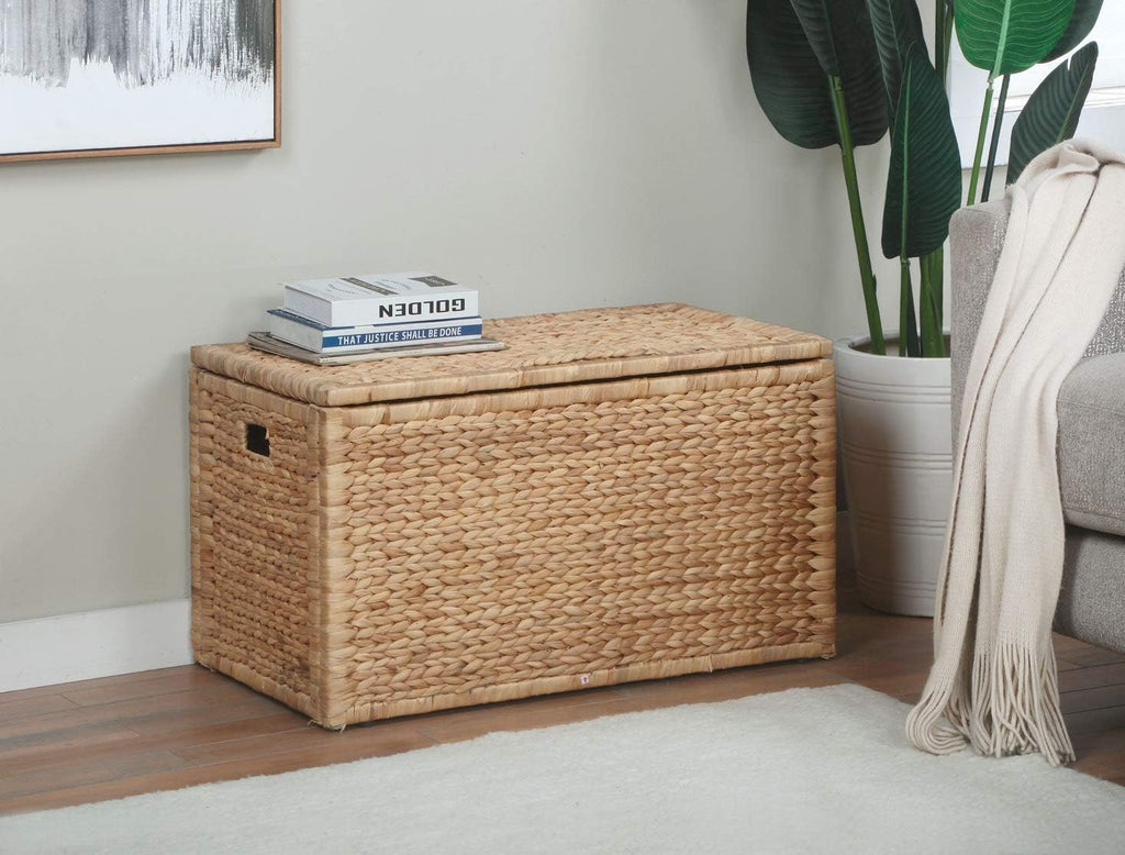 eHemco Water Hyacinth Wicker Storage Trunk with Metal Frame, Decorative Blanket Chest & Storage Box, Farmhouse Woven Storage for Bedroom, Living Room & Entryway, Natural, 30 x 17.5 x 17.5 Inch