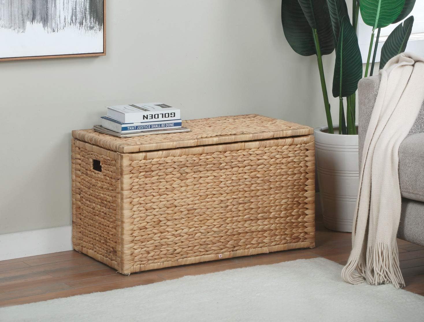 eHemco Water Hyacinth Wicker Storage Trunk with Metal Frame, Decorative Blanket Chest & Storage Box, Farmhouse Woven Storage for Bedroom, Living Room & Entryway, Natural, 30 x 17.5 x 17.5 Inch