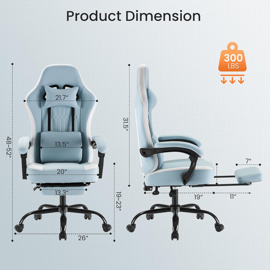 Sweetcrispy Video Game Chair: High Back Ergonomic Computer Desk Chair with Footrest & Lumbar Support, Height Adjustable with Linkage Armrests and Headrest, 360° Swivel Wheels, Blue